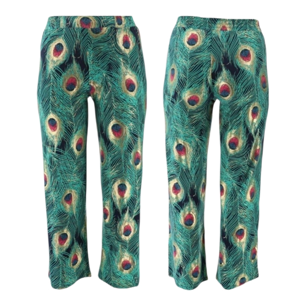 Iman Peacock Feather Print Pants Wide Leg Boho Bohemian Lounge Trousers 3XT TALL